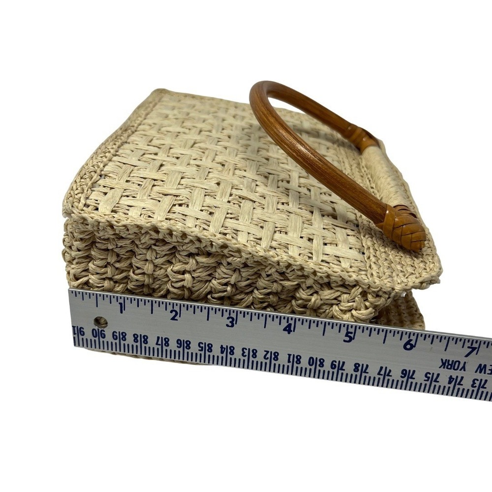 Fossil Straw Woven Top Handle Bag Floral Embroidered Wood Handle Handbag - Picture 4 of 14